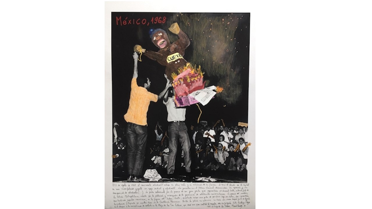 "México, 1968". De la serie "1968: El fuego de las ideas", 2017. Fotografía de archivo en blanco y negro © Rodrigo Moya, 1968, intervenida con textos manuscritos del artista. En Galería Freijo, 2021.