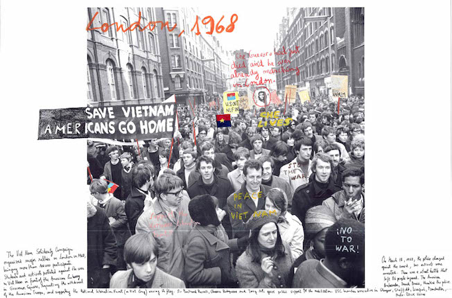 "London, 1968". From the series "1968: The Fire of Ideas", 2014-2018. Black and white archival photograph © Patrick Nairne, 1968, intervened with handwritten texts by Marcelo Brodsky, 2015.
Print with hard pigment inks on Hahnemühle paper. 60 x 90 cm. Monotype. Ed. 7