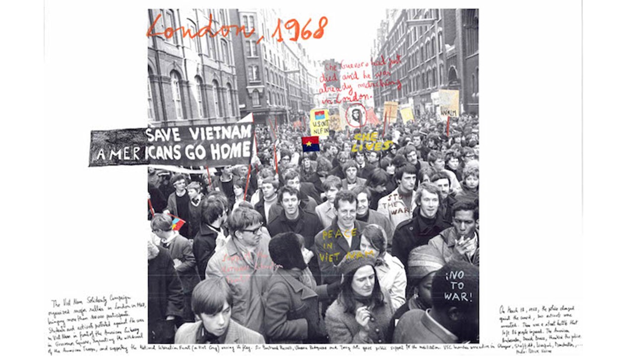 "London, 1968". From the series "1968: The Fire of Ideas", 2014-2018. Black and white archival photograph © Patrick Nairne, 1968, intervened with handwritten texts by Marcelo Brodsky, 2015.