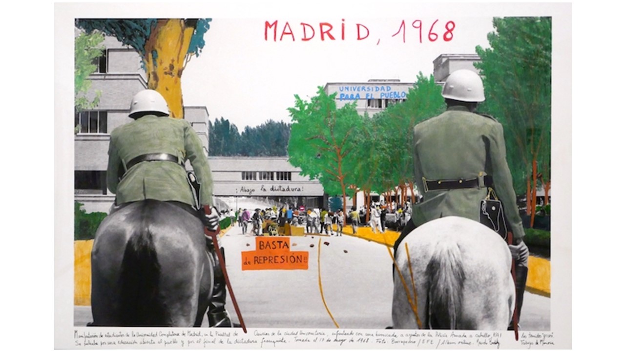 "Madrid, Universidad Complutense, 1968". Fotografía original: manifestación estudiantil: Madrid, 17-5-1968 en la Facultad de Ciencias de la Ciudad Universitaria, custodiada por agentes de la Policía Armada a caballo. EFE/Barriopedro/aa