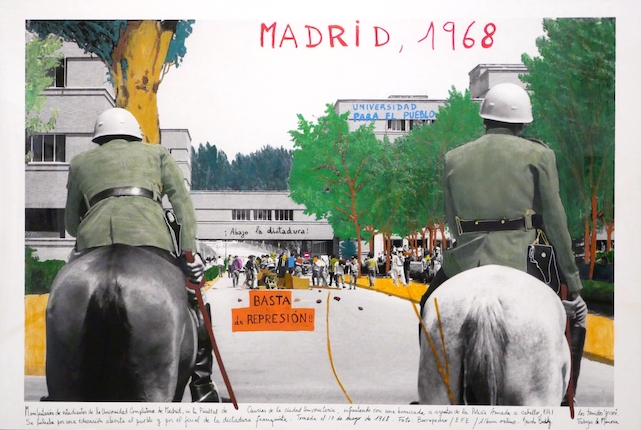 "Madrid, Complutense University, 1968." From the series "1968: The Fire of Ideas", 2018. Photograph printed on Hahnemühle cotton paper, intervened with crayon and watercolor by the artist. Original photograph: student demonstration: Madrid, 17-5-1968 at the Faculty of Sciences of the University City, guarded by agents of the Armed Police on horseback. EFE/Barriopedro/aa. 60 x 90 cm. Monotype. Ed. 7