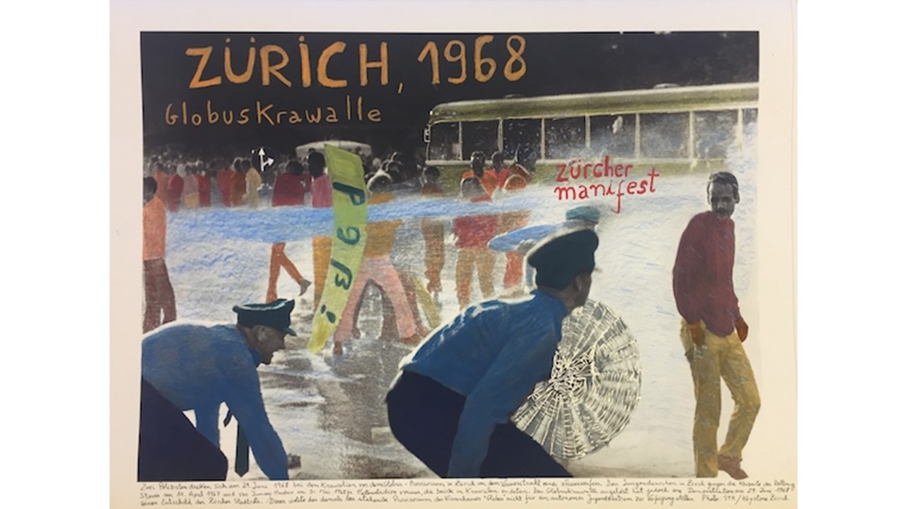 "Zurich, 1968." From the series "1968: The Fire of Ideas", 2018. Black and white archival photograph © STR / Keystone Zürich,1968, intervened with handwritten texts by the artist. At Freijo Gallery, 2021.