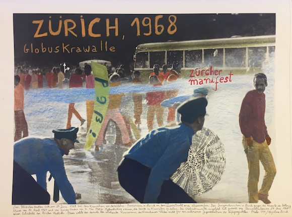 "Zurich, 1968." From the series "1968: The Fire of Ideas", 2018. Black and white archival photograph © STR / Keystone Zürich,1968, intervened with handwritten texts by the artist. Printed with hard pigment inks on Hahnemühle paper. 60 x 90 cm. Monotype. Ed. 7