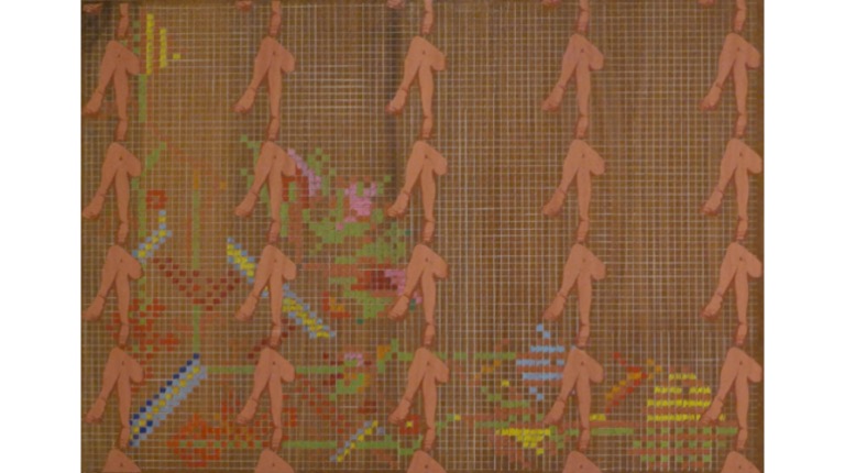 "Petit point", 1975, from the "Needlework" series. Silkscreen, pencil and acrylic paint on wood. 70 x 100 cm.