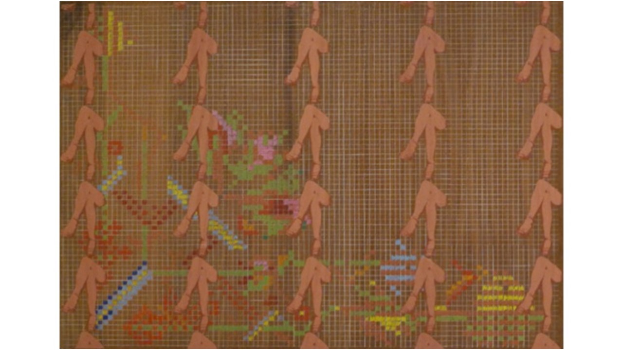 "Petit point", 1975, from the "Needlework" series. Silkscreen, pencil and acrylic paint on wood. 70 x 100 cm.