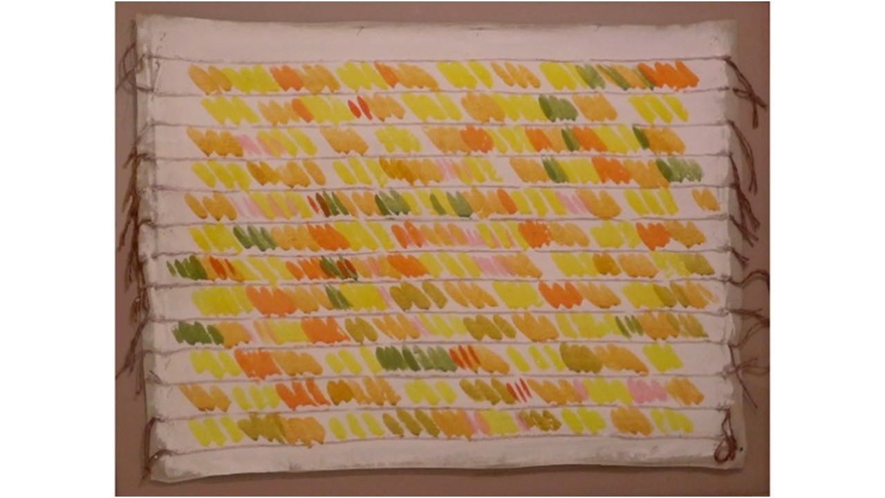 "Untitled", 1980, from the "Needlework" series. Threads and acrylic paint on canvas. 70 x 93 cm.