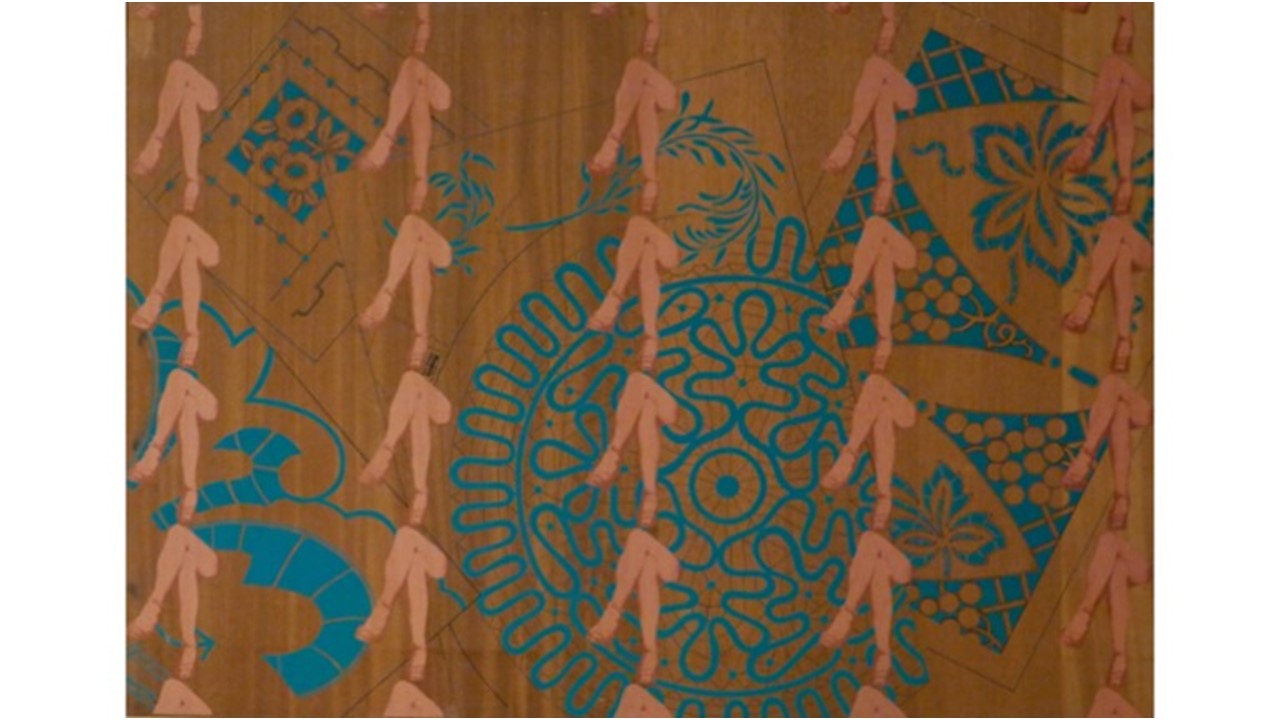 "Encajes", 1975, de la serie "Labores". Serigrafía, lápiz y pintura acrílica sobre madera. 70 x 100 cm.