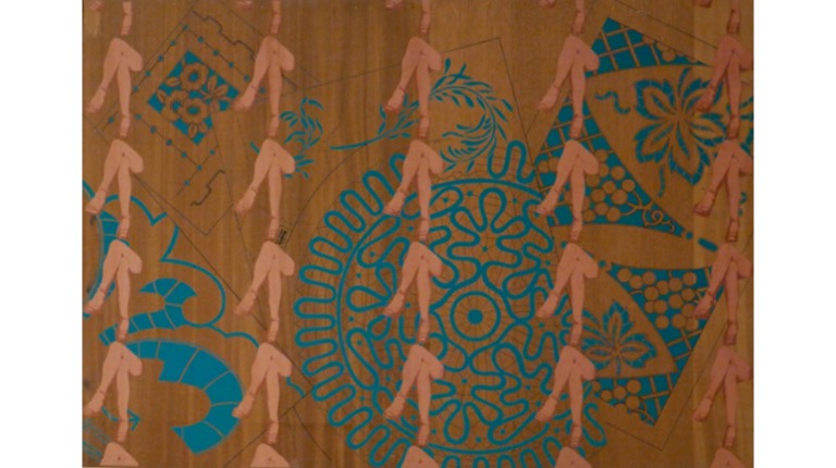 "Lace", 1975, from the "Needlework" series. Silkscreen, pencil and acrylic paint on wood. 70 x 100 cm.