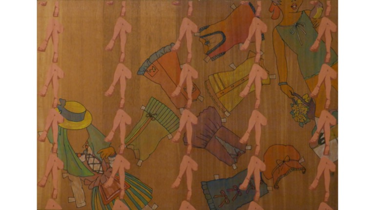 "Little Dolls", 1975, from the "Needlework" series. Silkscreen, pencil and acrylic paint on wood. 70 x 100 cm.