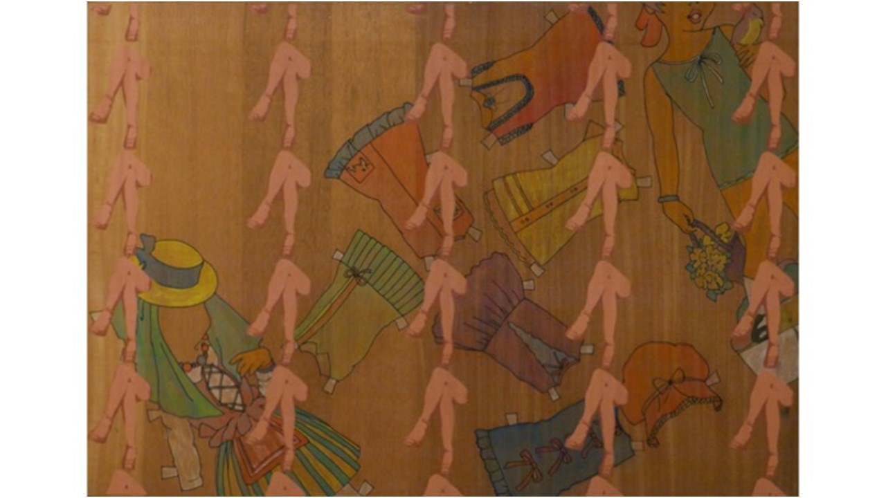 "Little Dolls", 1975, from the "Needlework" series. Silkscreen, pencil and acrylic paint on wood. 70 x 100 cm.