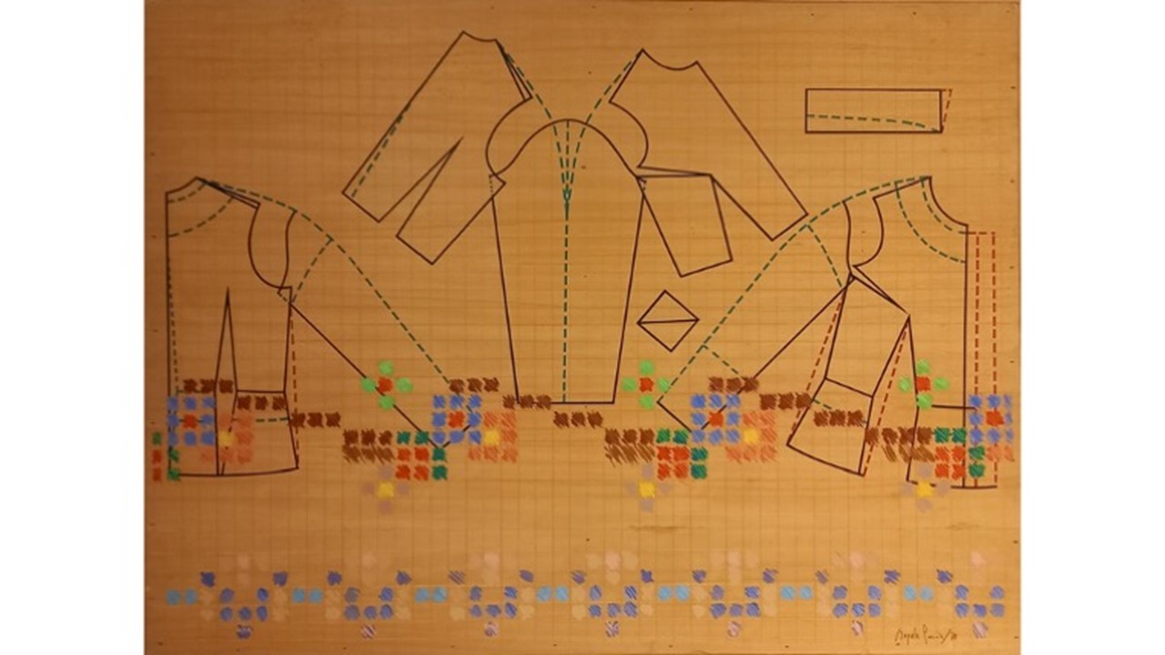 "Patterned borders", 1978, from the "Needlework" series. Acrylic paint and ink on wood. 75 x 100 cm.