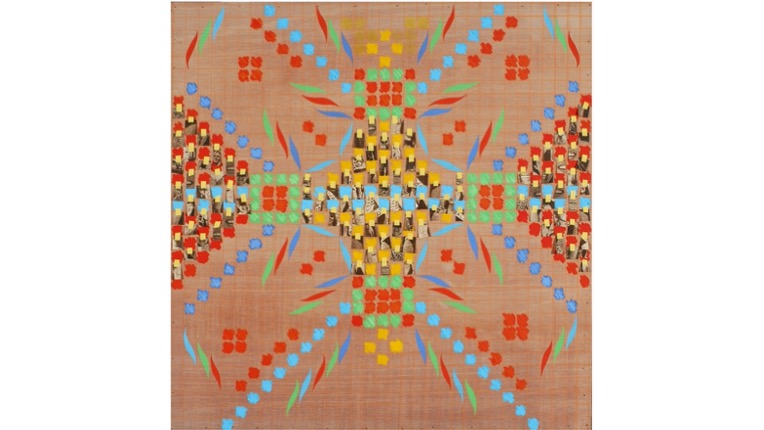 "Bonitos colores", 1977, de la serie "Labores". Pintura acrílica y collage sobre madera. 100 x 100 cm.