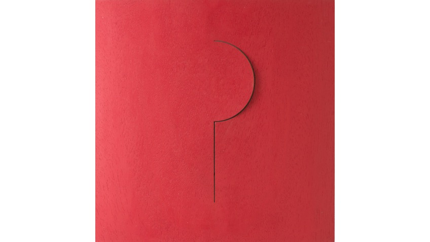 Letra P, de "Abecedario", 2021. Lámina de contrachapado de madera cortada a láser, tensada y pintada al óleo. 39,3 x 39,3 cm