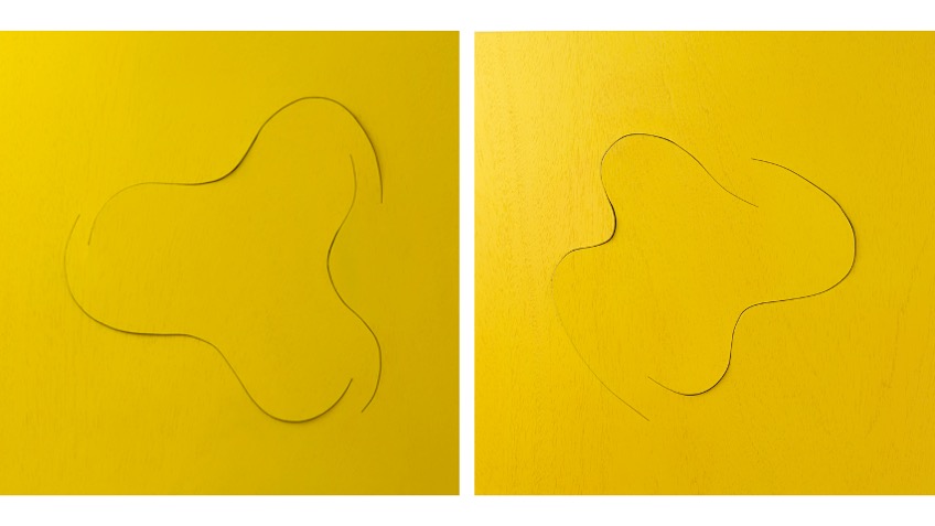 Diptych composed of two reliefs: "CU 3R" and "CU 2R", 2021. Stretched and oil-painted plywood. 59 x 59 cm each