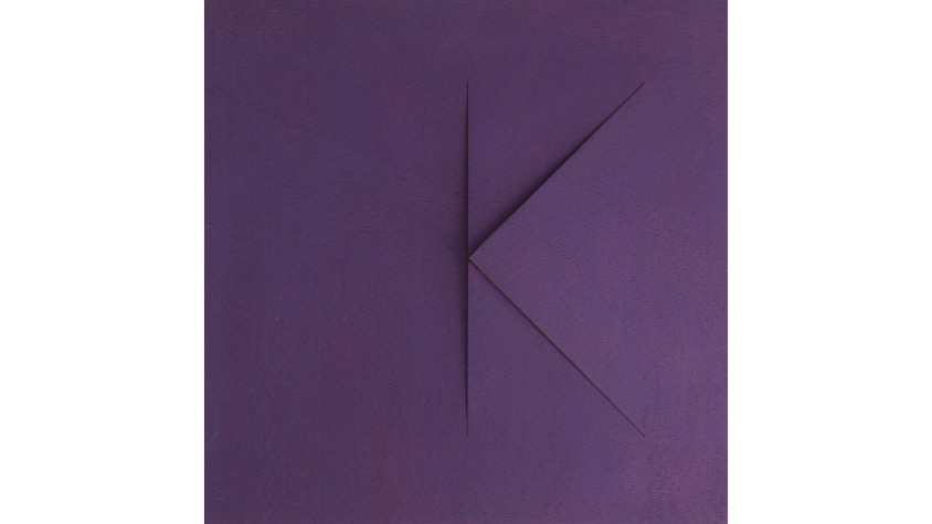 K, "Alphabet", 2021. Laser-cut plywood sheet, stretched and oil-painted. 39,3 x 39,3 cm
