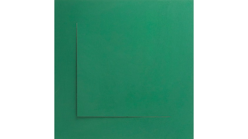 L, "Abecedario", 2021. Lámina de contrachapado de madera cortada a láser, tensada y pintada al óleo. 39,3 x 39,3 cm