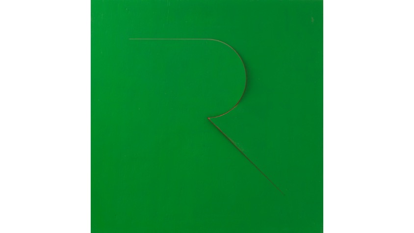R, "Alphabet", 2021. Laser-cut plywood sheet, stretched and oil-painted. 39,3 x 39,3 cm
