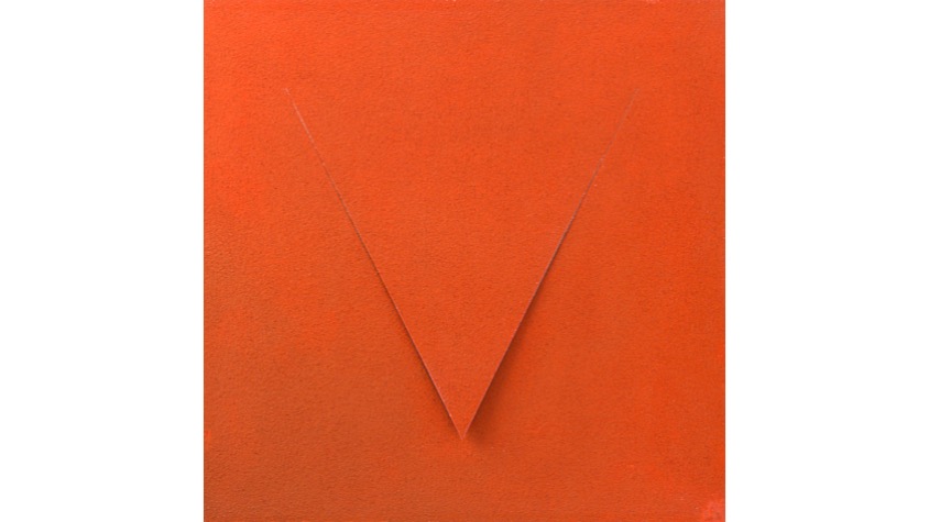 Letra V, de "Abecedario", 2021. Lámina de contrachapado de madera cortada a láser, tensada y pintada al óleo. 39,3 x 39,3 cm