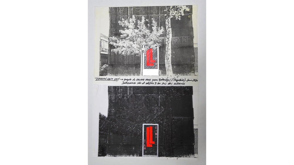 "DIMENSIÓ LIMIT 1 A 8", 1989. Proyecto de instalación site-specific para l’Hospitalet Art. Plano intervenido y 8 collages. 277,5 x 44 cm.