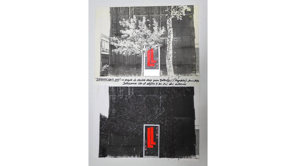 "DIMENSIÓ LIMIT 1 A 8", 1989. Site-specific installation project for “L’Hospitalet Art”. Intervened map and 8 collages. 277,5 x 44 cm.