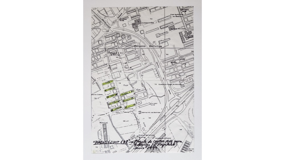 "DIMENSIÓ LIMIT 1 A 8", 1989. Site-specific installation project for “L’Hospitalet Art”. Intervened map and 8 collages. 277,5 x 44 cm.