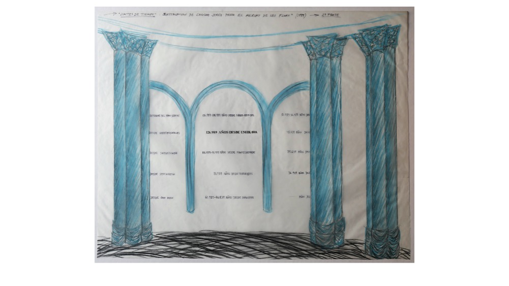 "LÍMITES DE TIEMPO", 1988. Proyecto site-specific para el Mercat de las Flores. 1 dibujo de una pared intervenida (68 x 52 cm.). Estrany-de la Mota y Galería Freijo.