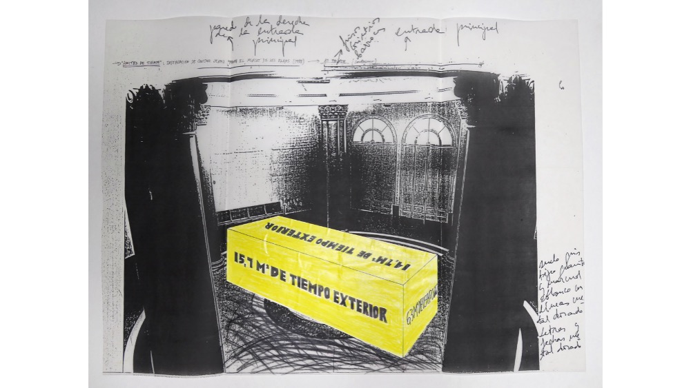 "LÍMITES DE TIEMPO", 1988. Proyecto site-specific para el Mercat de las Flores. 1 dibujo del exterior del container (78 x 65 cm.). Estrany-de la Mota y Galería Freijo.