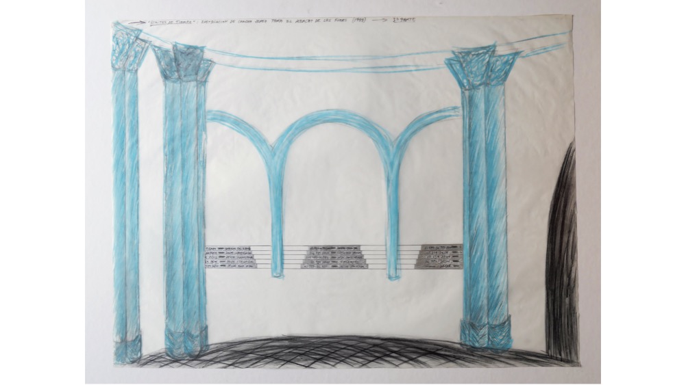 "LÍMITES DE TIEMPO", 1988. Proyecto site-specific para el Mercat de las Flores. 1 dibujo del exterior del container (78 x 65 cm.), 1 dibujo de interior del container (46 x 65 cm.), 1 dibujo de entrada (70 x 51,5 cm.), 1 dibujo de una pared intervenida (68 x 52 cm.)