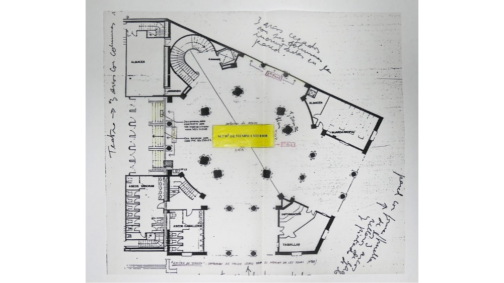 "LÍMITES DE TIEMPO", 1988. Site-specific project for the Mercat de les Flors. 1 intervened map (69 x 61,5 cm.), 1 drawing of the outside of the container (78 x 65 cm.),  1 drawing of the inside of the container (46 x 65 cm.),  1 drawing of the entrance (70 x 51,5 cm.), 1 drawing of an intervened wall (68 x 52 cm).