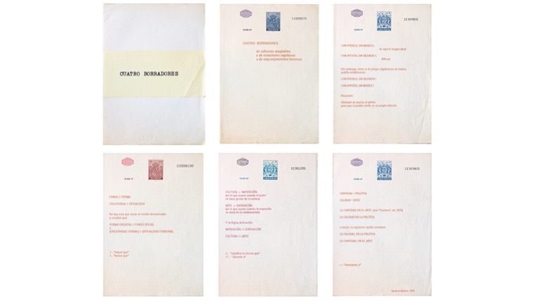 Isidoro Valcárcel Medina. "Four Drafts", 1979. Five sheets of 30 x 21 cm. plus cover with title. Original typewritten on stamped paper.