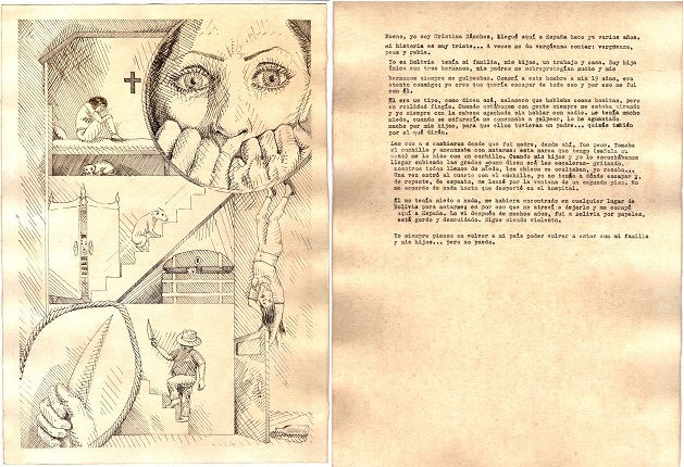 Glenda Zapata, "Cristina", 2020. Ink on paper, typewritten text and audio piece.