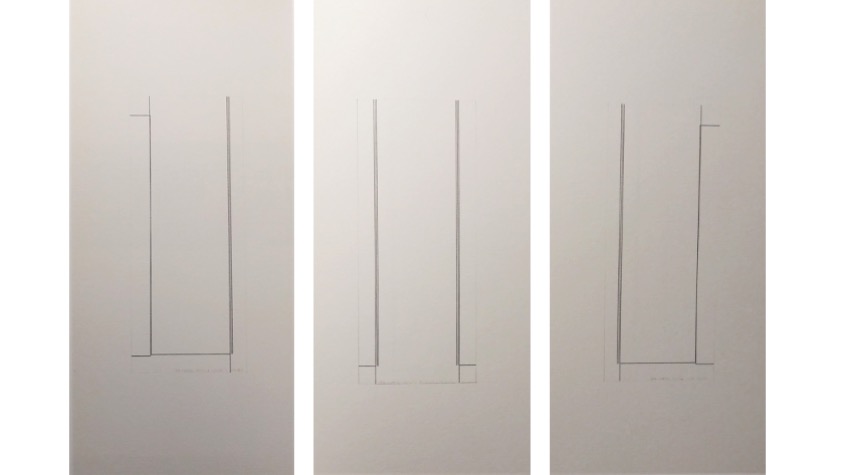 Elena Asins. "F.M.W. 6 Europe", 1985. Tríptico. Lápiz y tinta china sobre papel. 75,5 x 35, 5 cm c/u