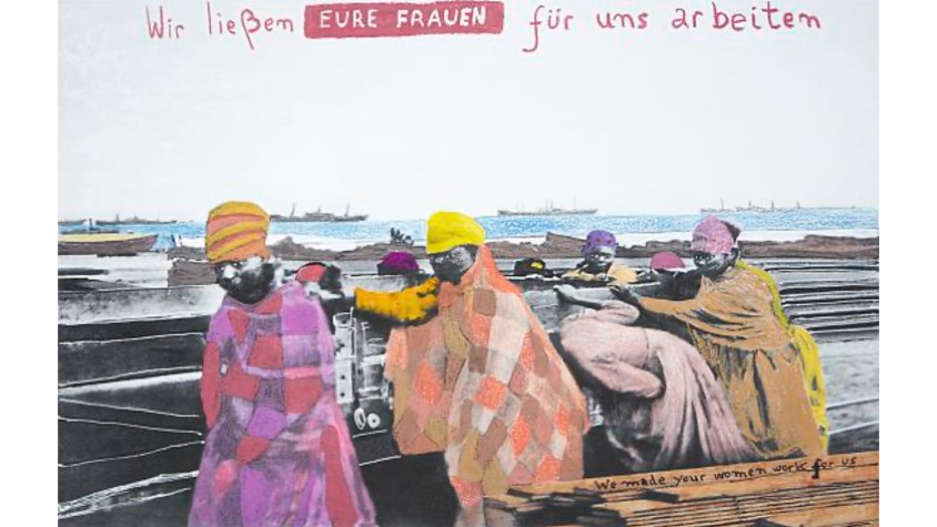 Marcelo Brodsky, "WE MADE YOUR WOMEN WORK FOR US", 2021. Inkjet print on cotton Hahnemühle photo rag paper intervened by the artist with crayon and aquarelle. 30 x 40 cm