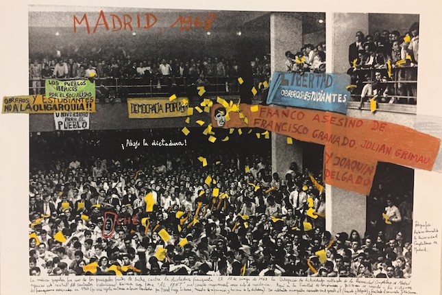 "Madrid, 1968". From the series "1968: The Fire of Ideas", 2014-2018. Black and white archival photograph © Archivo General de la Universidad Complutense de Madrid,1968, intervened with handwritten texts by Marcelo Brodsky, 2016.
Printed with hard pigment inks on Hahnemühle paper. 60 x 90 cm. Monotype. Ed. 7