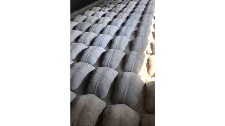 Ramón Mateos. "X", 2019. Instalación escultórica. 90 piezas de cemento, vaciados de espaldas de 60 x 40 cm c/u.