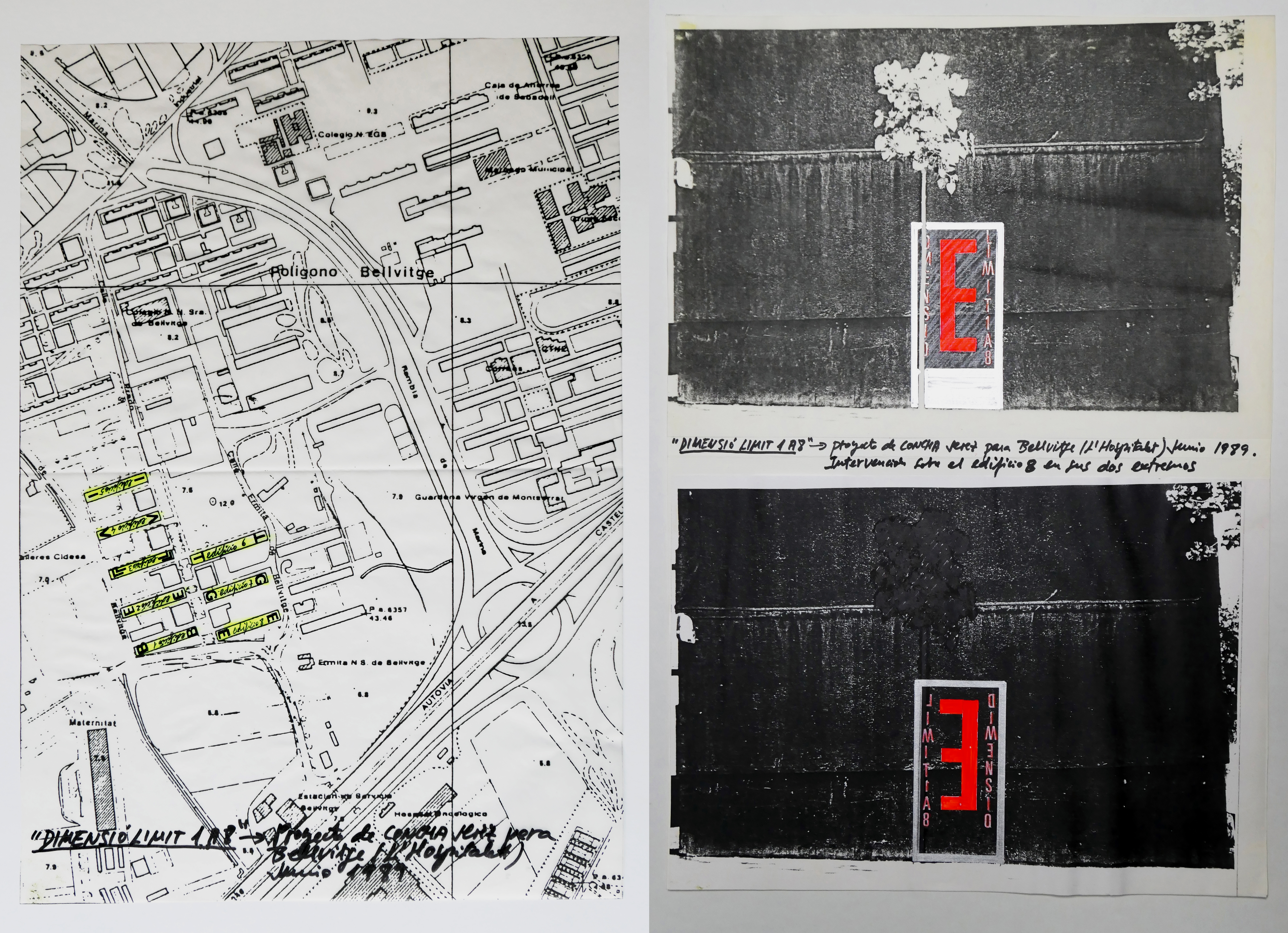 "DIMENSIÓ LIMIT 1 A 8", 1989
Site-specific installation project for “L’Hospitalet Art”. 1 intervened map (42 x 29,5 cm.) and 8 collages (31 x 44 cm.)