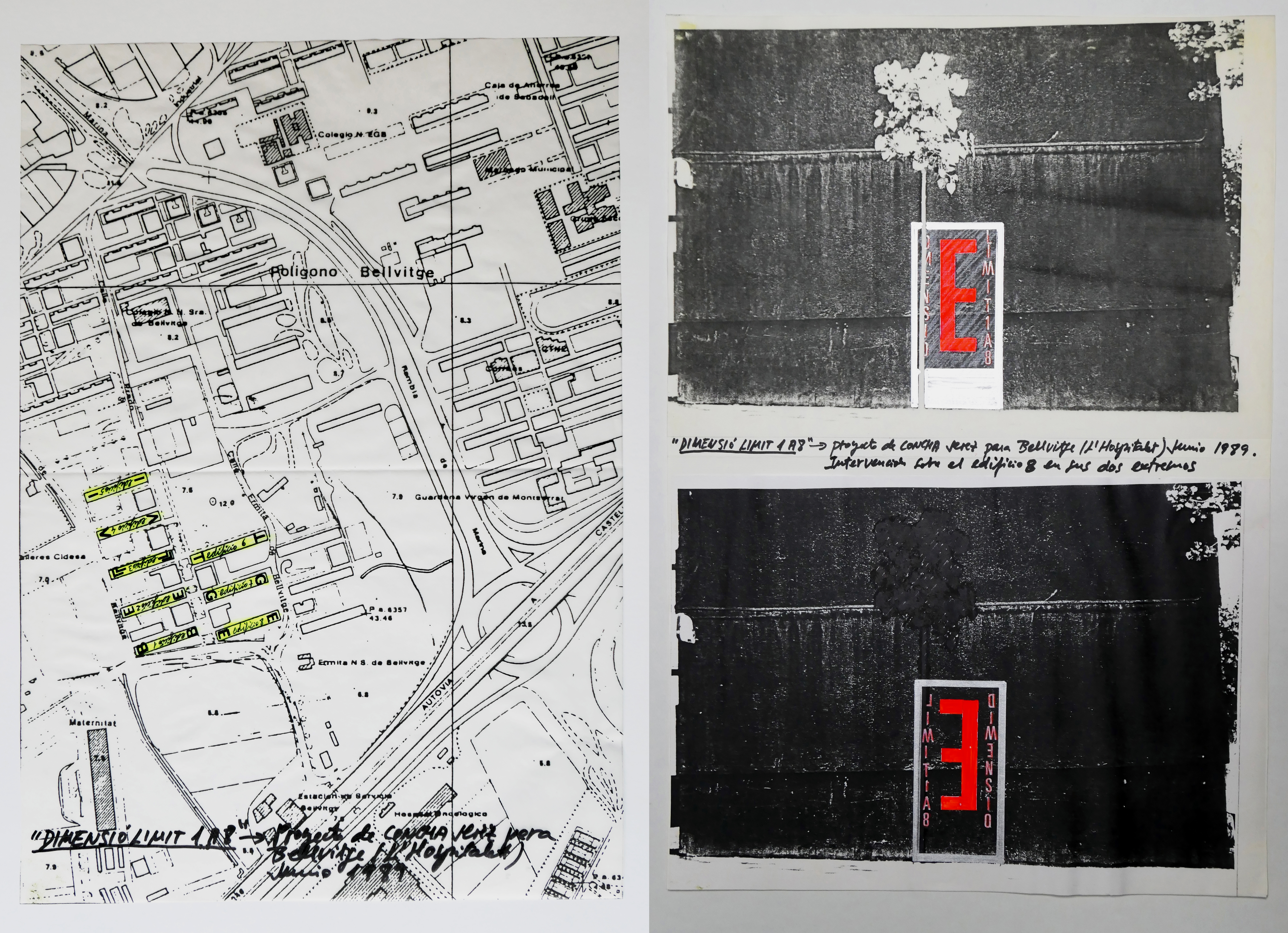 "DIMENSIÓ LIMIT 1 A 8", 1989
Proyecto de instalación site-specific para l’Hospitalet Art. 1 plano intervenido (42 x 29,5 cm.) y 8 collages (31 x 44 cm.)